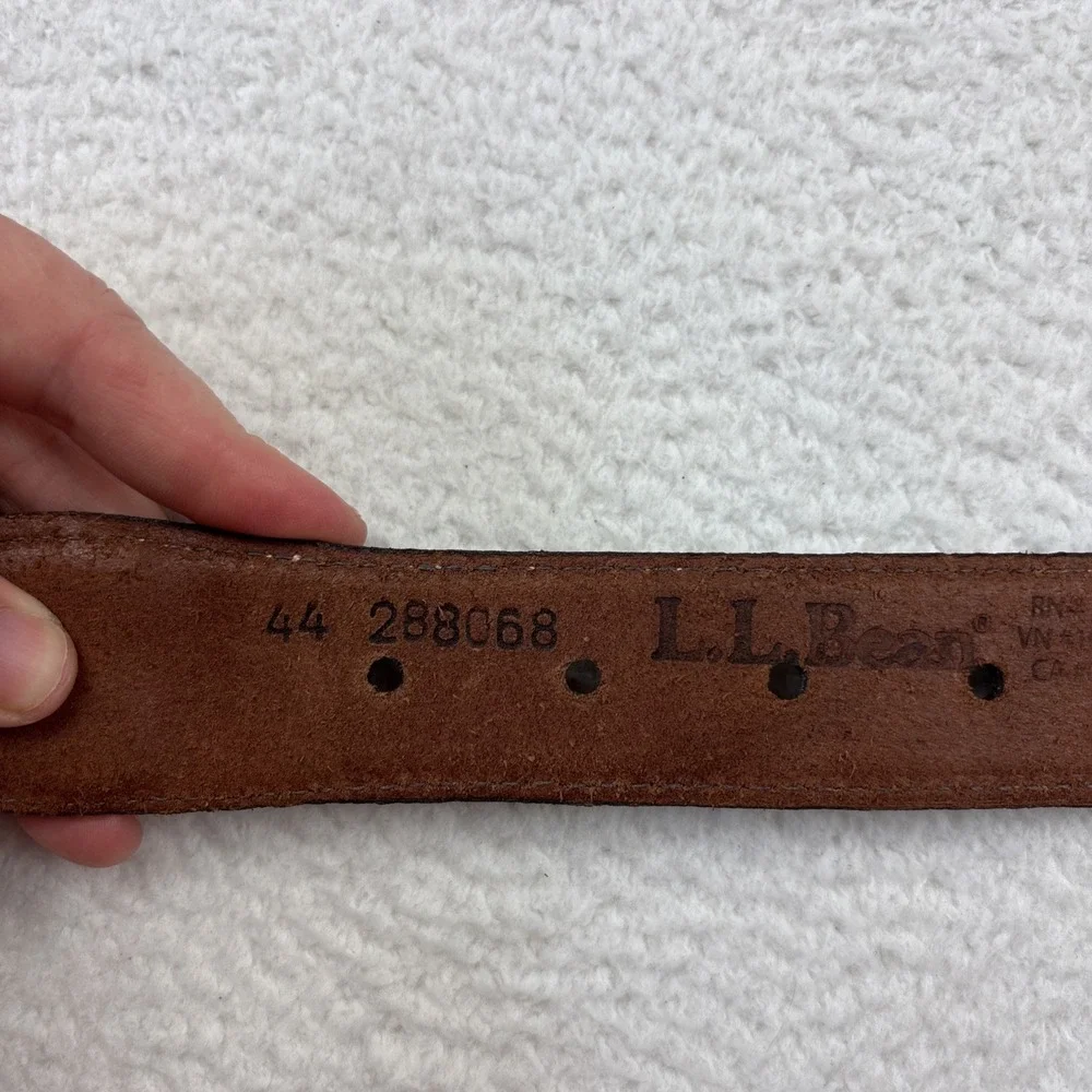 NEW LL BEAN‎ Mens Canvas Leather Waist Belt Size 44 Dark Brown Gold Brass Buckle